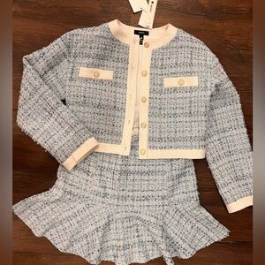 Aqua Light Blue Tweed Cropped Jacket with Cream Trim